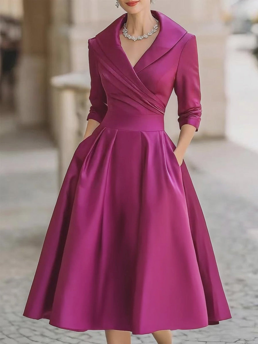 Chicyis Black Satin Midi Dress - V-Neck & Pleated A-Line Fit - CHICYIS