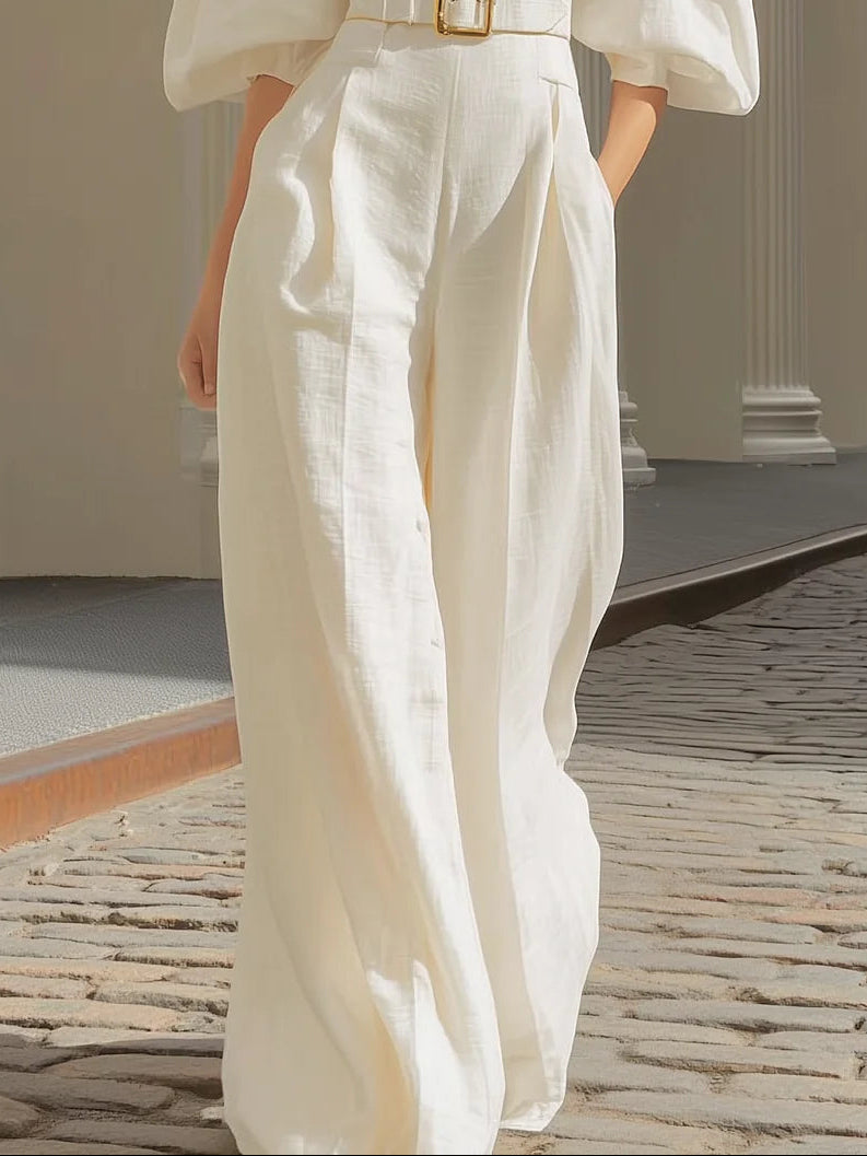 Chicyis White Linen Jumpsuit - V-Neck Puff Sleeve Belted Wide Leg - CHICYIS