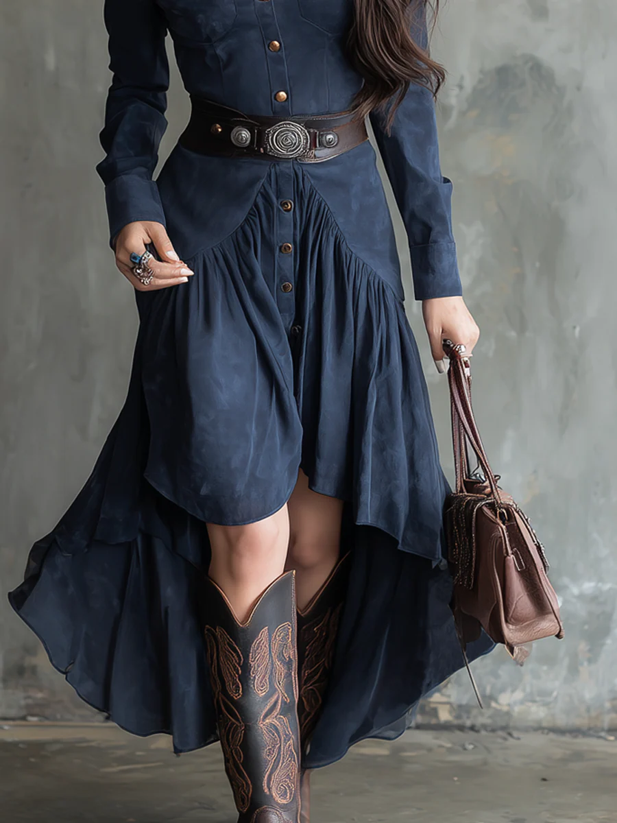 Karin Herzog Elegant Blue Button-Down Midi Dress - Pocket & Belt Fit