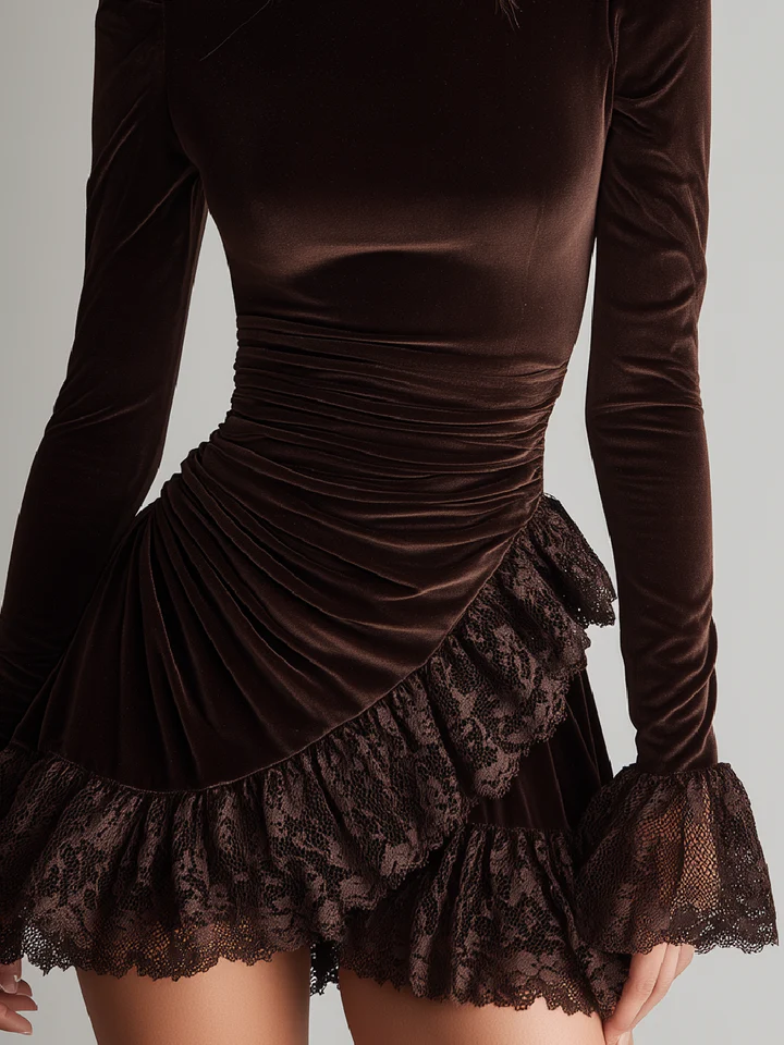 Karin Herzog Brown Velvet Mini Dress - Turtleneck Lace Ruffle Hem