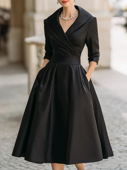 Chicyis Black Satin Midi Dress - V-Neck & Pleated A-Line Fit - CHICYIS