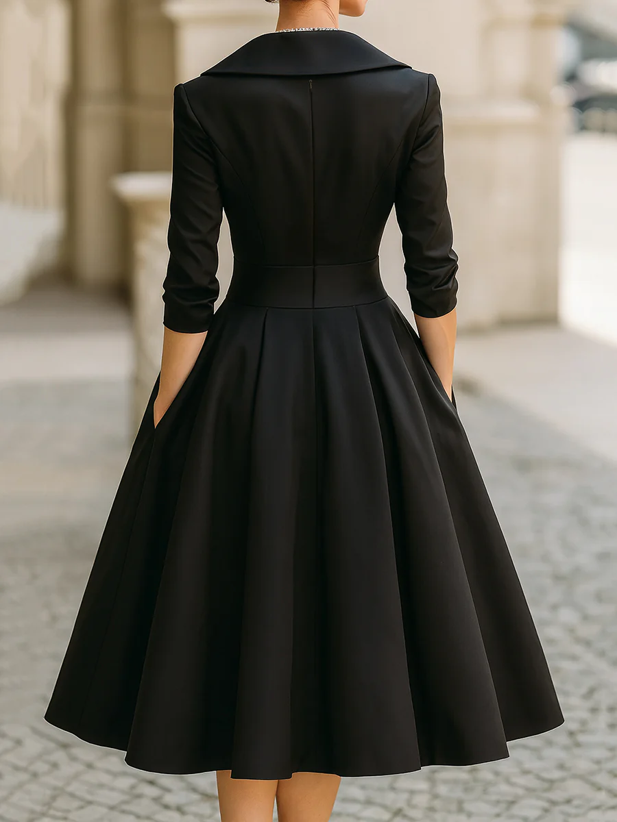 Chicyis Black Satin Midi Dress - V-Neck & Pleated A-Line Fit - CHICYIS