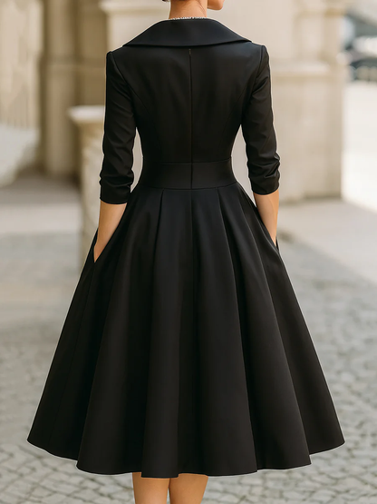Chicyis Black Satin Midi Dress - V-Neck & Pleated A-Line Fit - CHICYIS