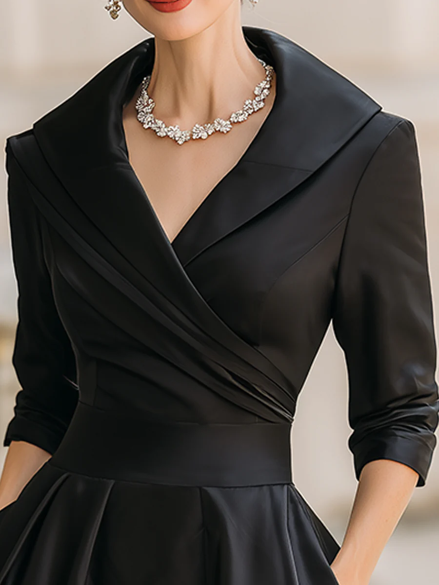 Chicyis Black Satin Midi Dress - V-Neck & Pleated A-Line Fit - CHICYIS
