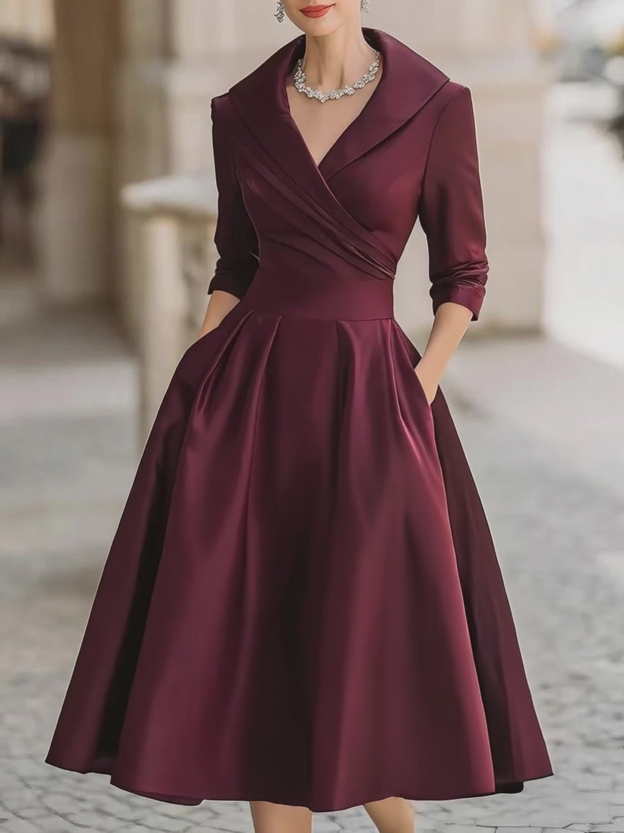 Chicyis Black Satin Midi Dress - V-Neck & Pleated A-Line Fit - CHICYIS