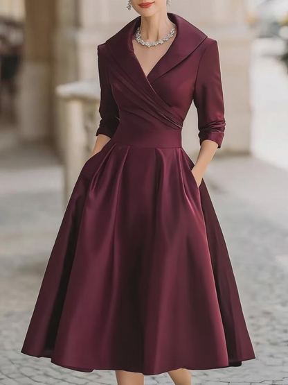 Chicyis Black Satin Midi Dress - V-Neck & Pleated A-Line Fit - CHICYIS