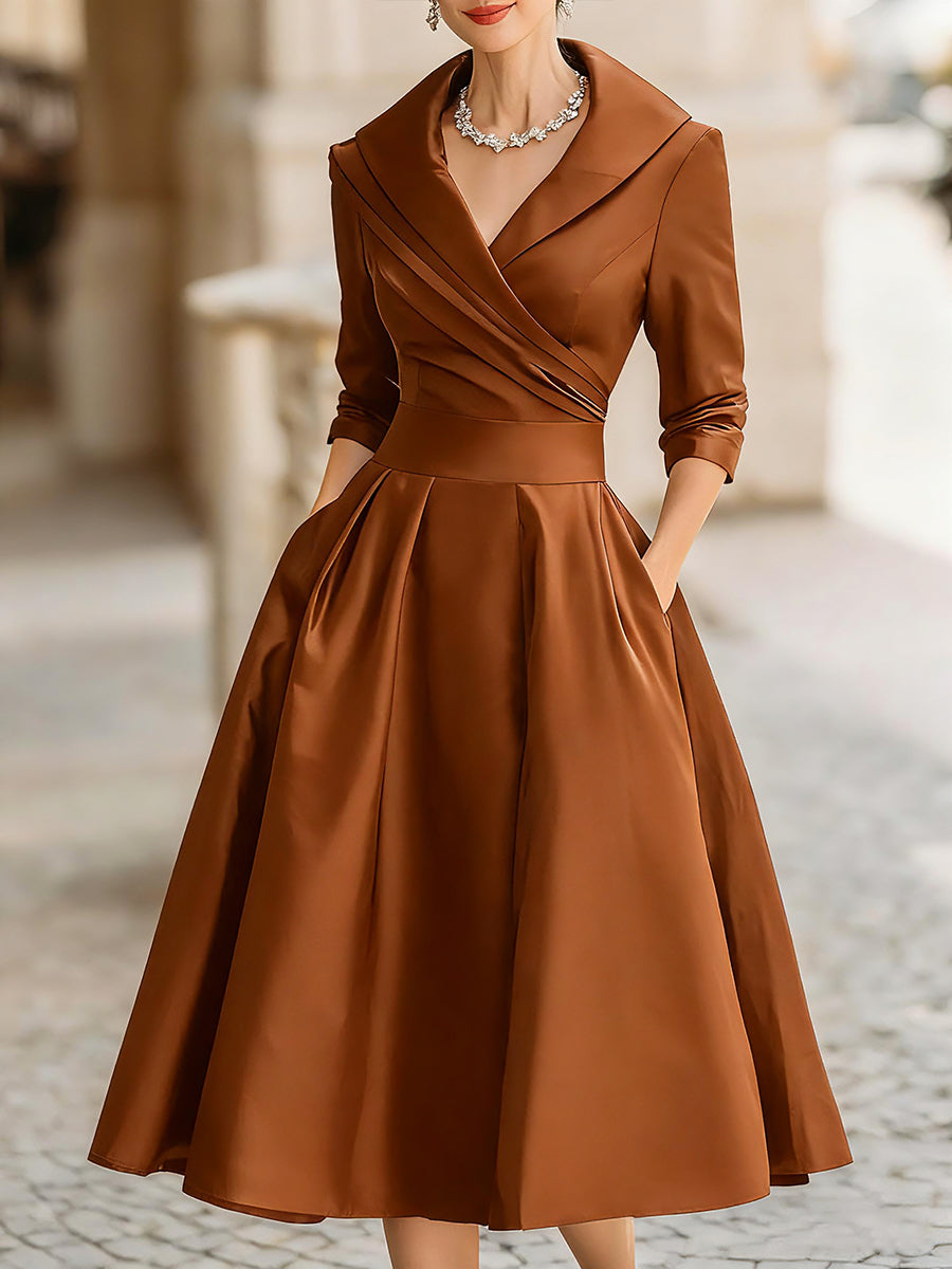 Chicyis Black Satin Midi Dress - V-Neck & Pleated A-Line Fit - CHICYIS