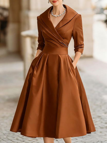 Chicyis Black Satin Midi Dress - V-Neck & Pleated A-Line Fit - CHICYIS