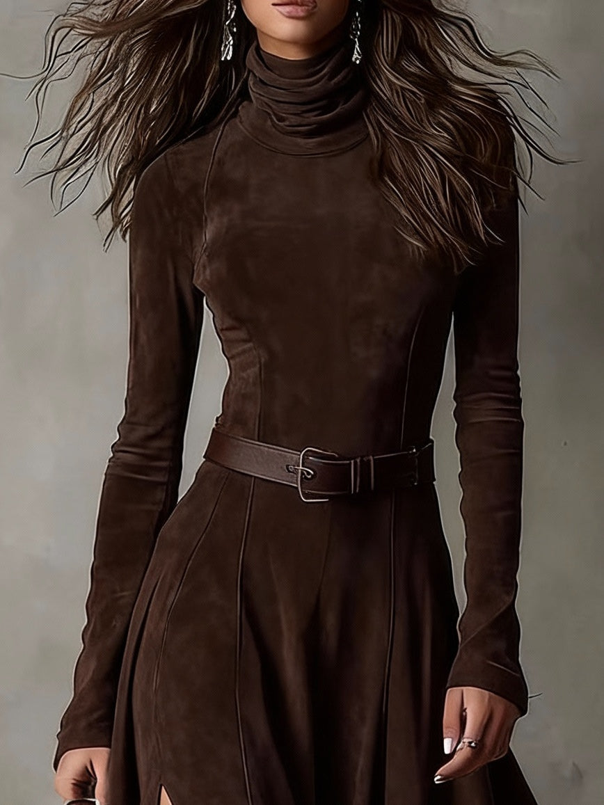 Chicyis Dark Brown Suede Maxi Dress - Turtleneck & High Slit Fit - CHICYIS