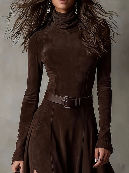 Chicyis Dark Brown Suede Maxi Dress - Turtleneck & High Slit Fit - CHICYIS