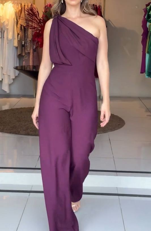 Chicyis Plum One Shoulder Jumpsuit - Asymmetric Neckline Wide Leg - CHICYIS