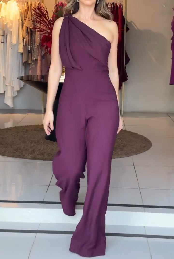Chicyis Plum One Shoulder Jumpsuit - Asymmetric Neckline Wide Leg - CHICYIS