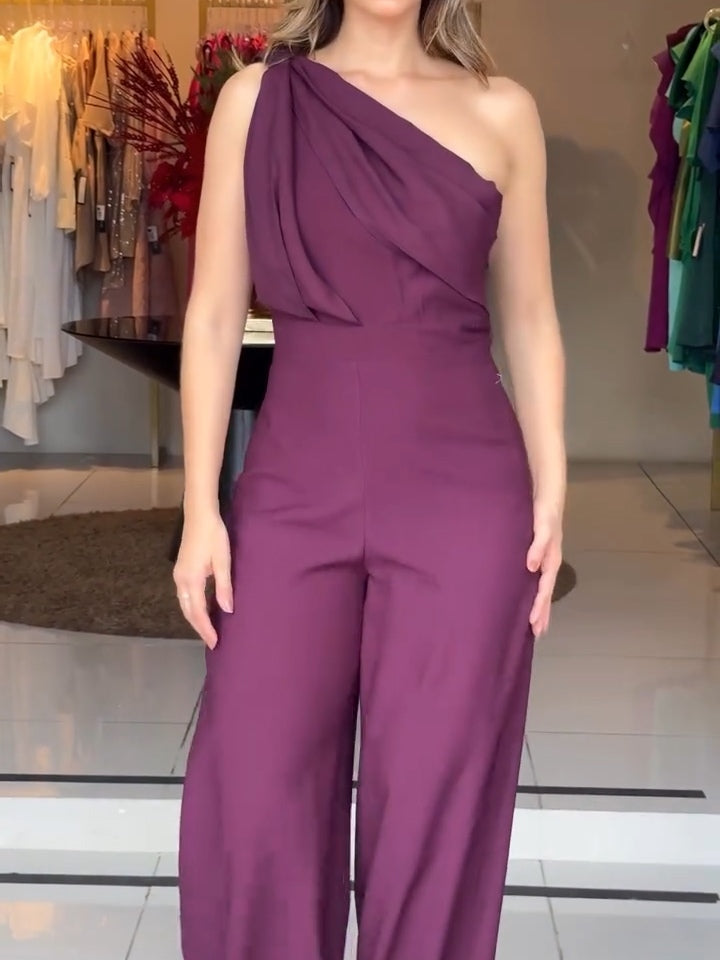 Chicyis Plum One Shoulder Jumpsuit - Asymmetric Neckline Wide Leg - CHICYIS