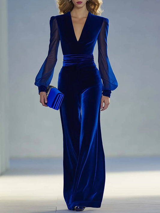 Chicyis Royal Blue Velvet Jumpsuit - V-Neck Sheer Sleeve Wide Leg - CHICYIS