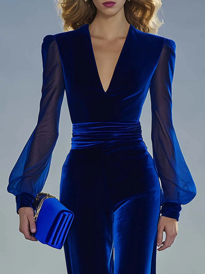 Chicyis Royal Blue Velvet Jumpsuit - V-Neck Sheer Sleeve Wide Leg - CHICYIS