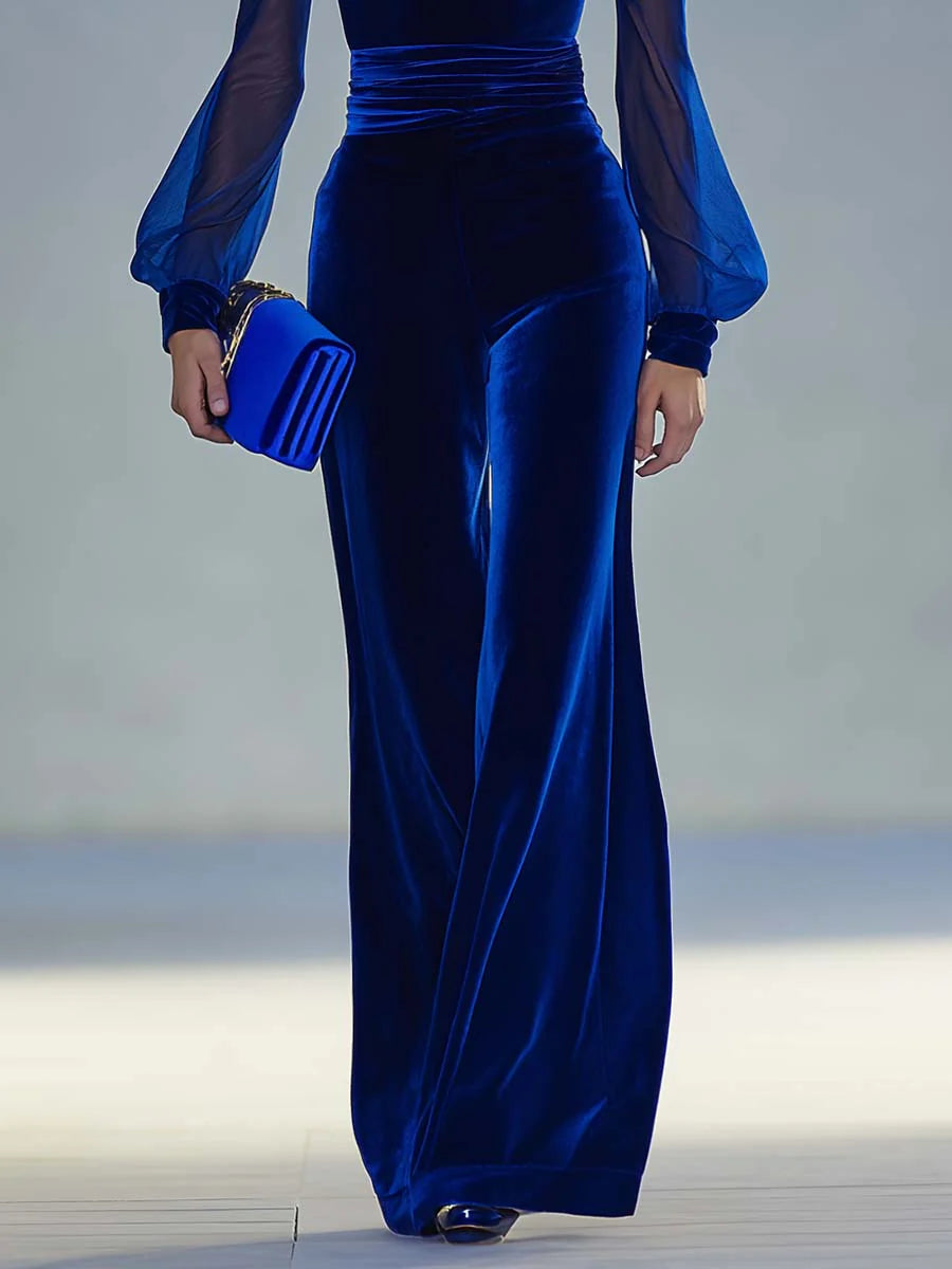 Chicyis Royal Blue Velvet Jumpsuit - V-Neck Sheer Sleeve Wide Leg - CHICYIS