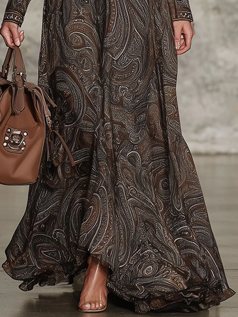 Chicyis Vintage Paisley Zip Maxi Dress - V-Neck Long Sleeve - CHICYIS
