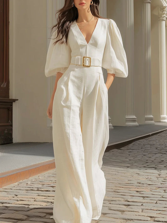 Chicyis White Linen Jumpsuit - V-Neck Puff Sleeve Belted Wide Leg - CHICYIS