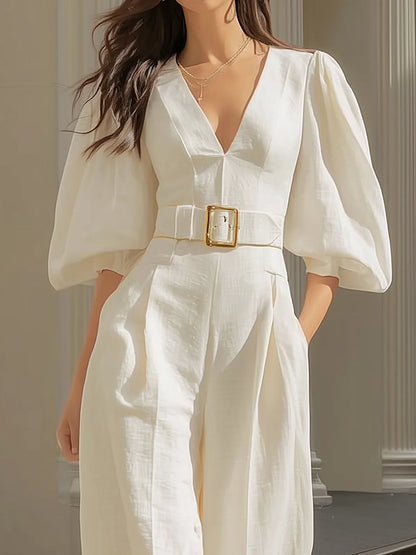 Chicyis White Linen Jumpsuit - V-Neck Puff Sleeve Belted Wide Leg - CHICYIS