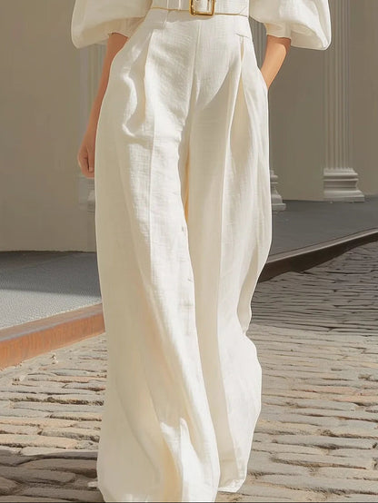 Chicyis White Linen Jumpsuit - V-Neck Puff Sleeve Belted Wide Leg - CHICYIS