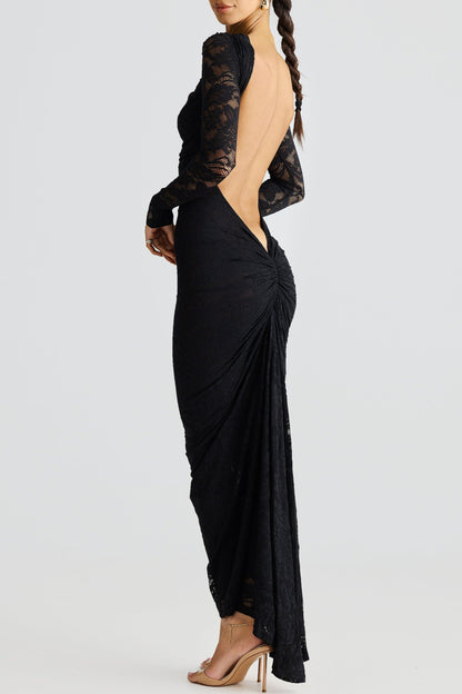 Lace Maxi Dress - Elegant Hollowed Backless Bodycon Fit -