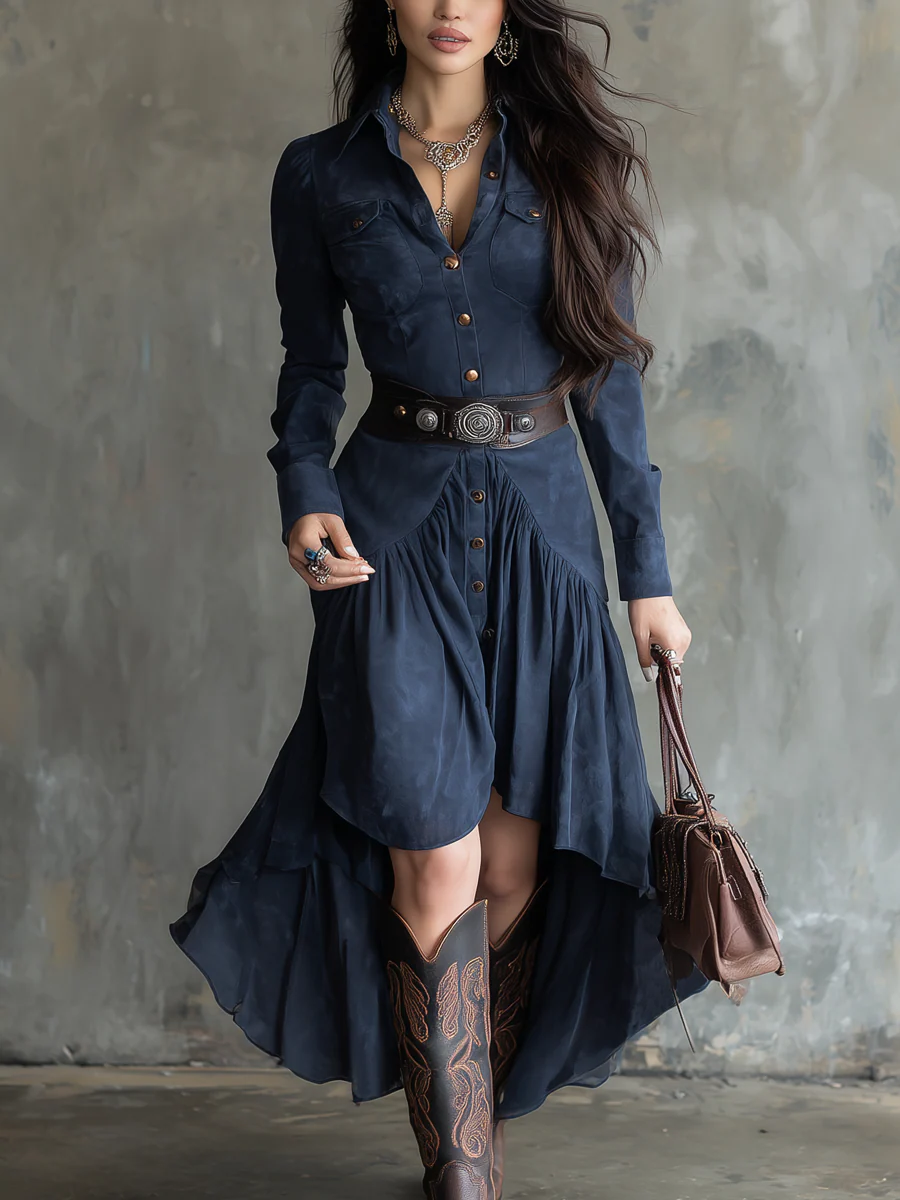Karin Herzog Elegant Blue Button-Down Midi Dress - Pocket & Belt Fit