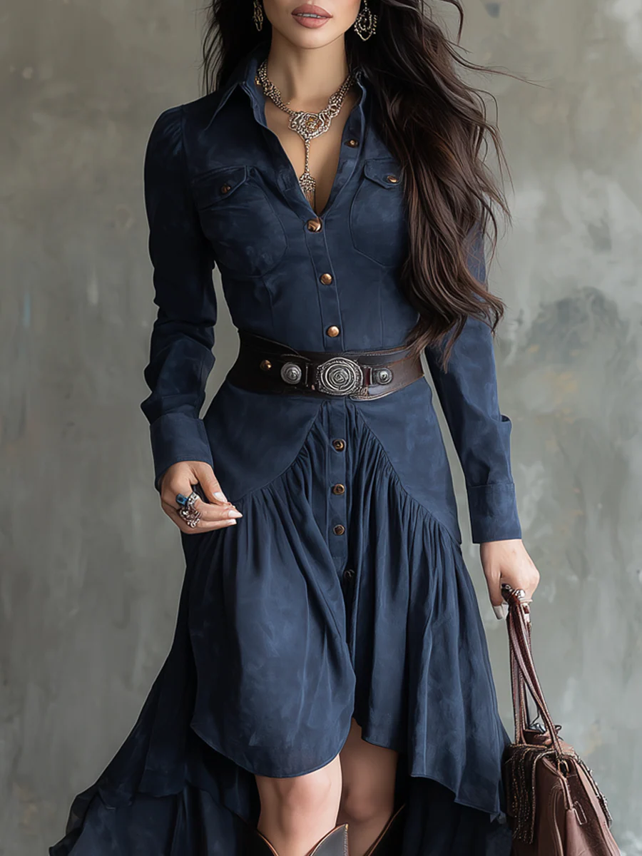 Karin Herzog Elegant Blue Button-Down Midi Dress - Pocket & Belt Fit