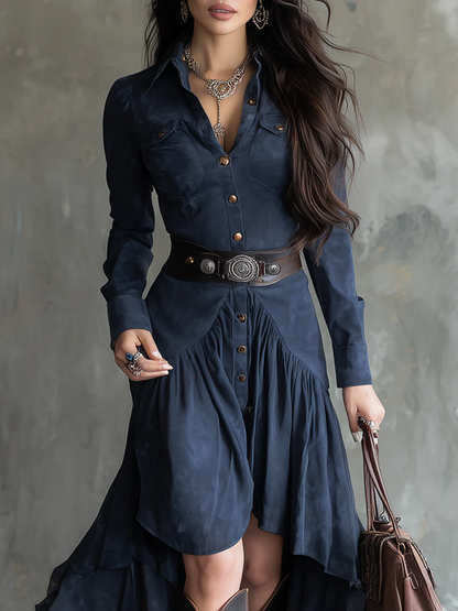 Karin Herzog Elegant Blue Button-Down Midi Dress - Pocket & Belt Fit