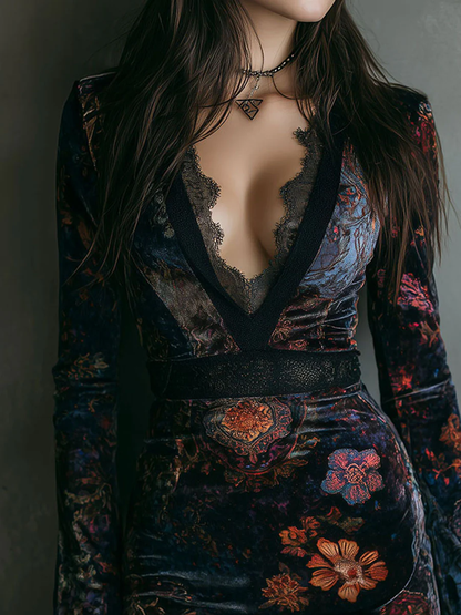 Karin Herzog Black Floral Print Velvet Mini Dress - V-Neck Lace Trim
