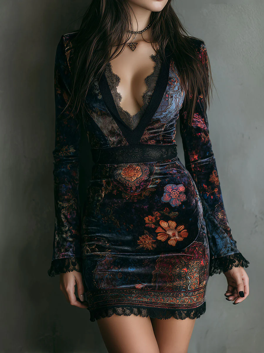 Karin Herzog Black Floral Print Velvet Mini Dress - V-Neck Lace Trim