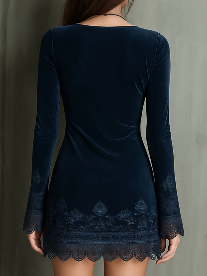 Karin Herzog Navy Blue Velvet V-Neck Lace Trim Bell Sleeve Mini Dress