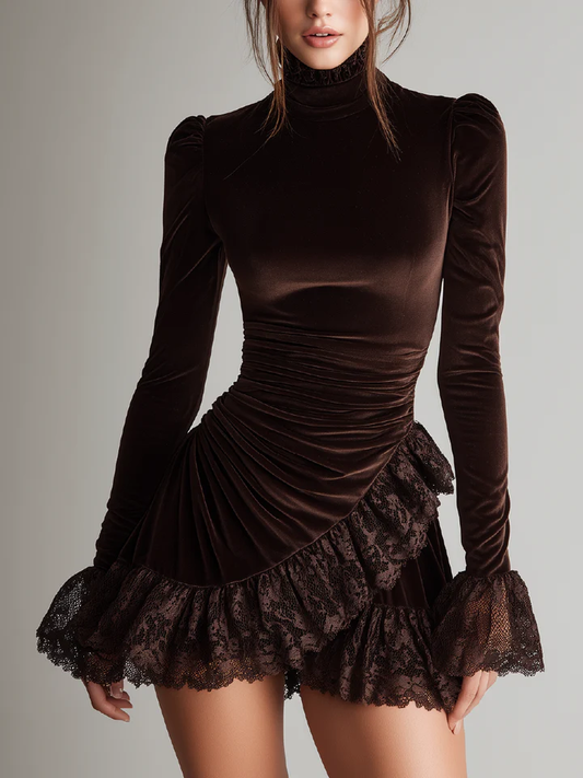 Karin Herzog Brown Velvet Mini Dress - Turtleneck Lace Ruffle Hem