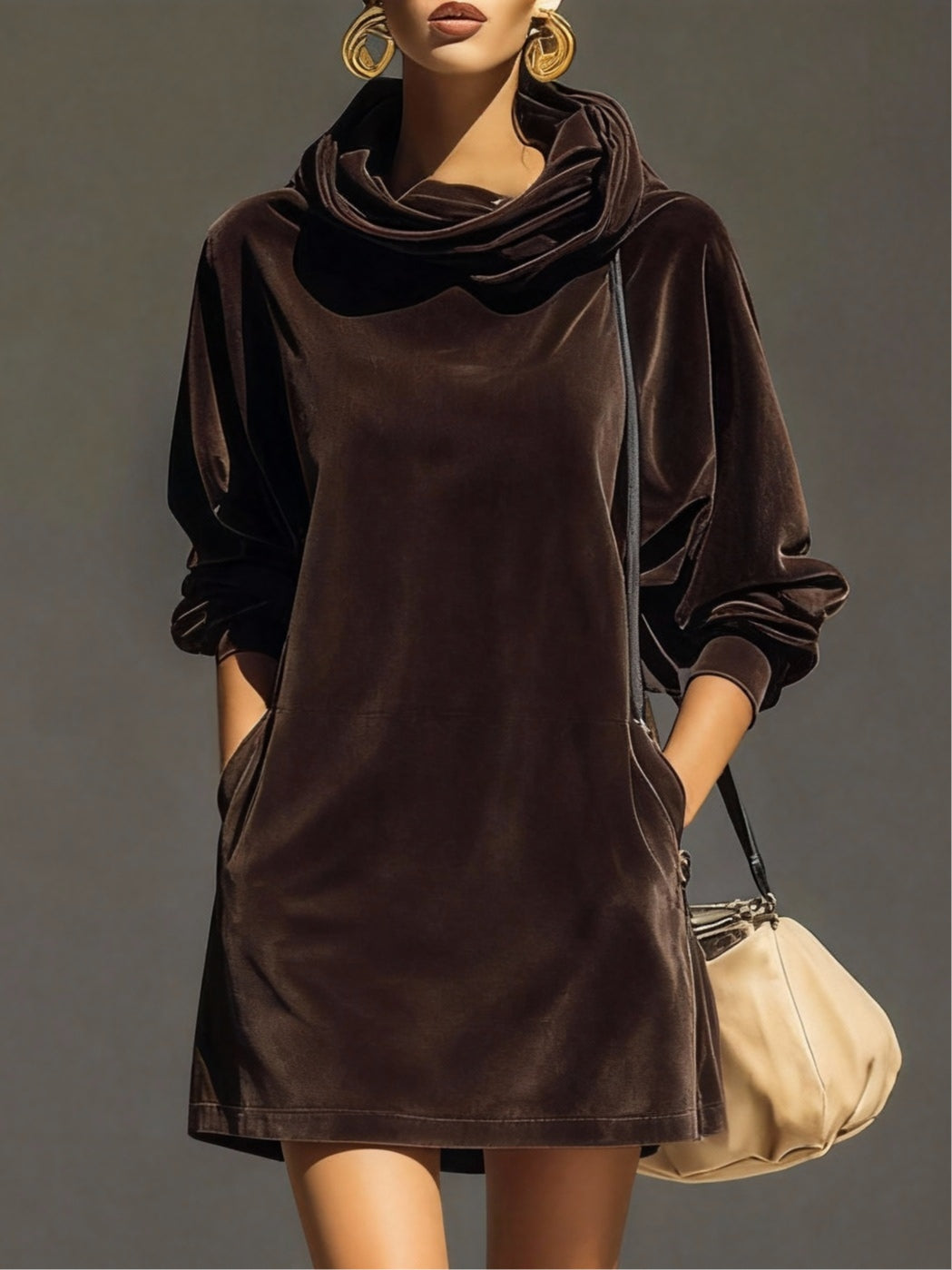 Karin Herzog Vintage Brown Velvet Hooded Oversized Mini Dress